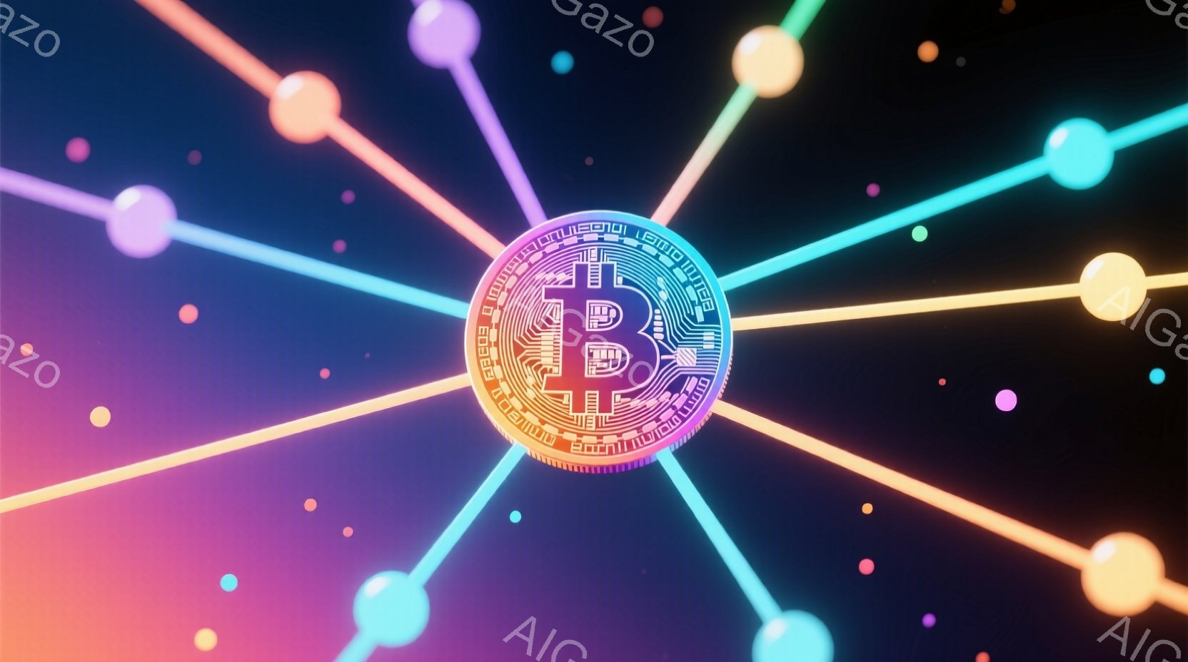 鮮やかなグラデーションの背景に、ビットコインのロゴが中央に大きく配置されています。ロゴの周囲には、発光する線が放射状に広がり、多数の小さな光点が星のように散りばめられています。全体的に未来的な雰囲気で - AI生成フリー素材
