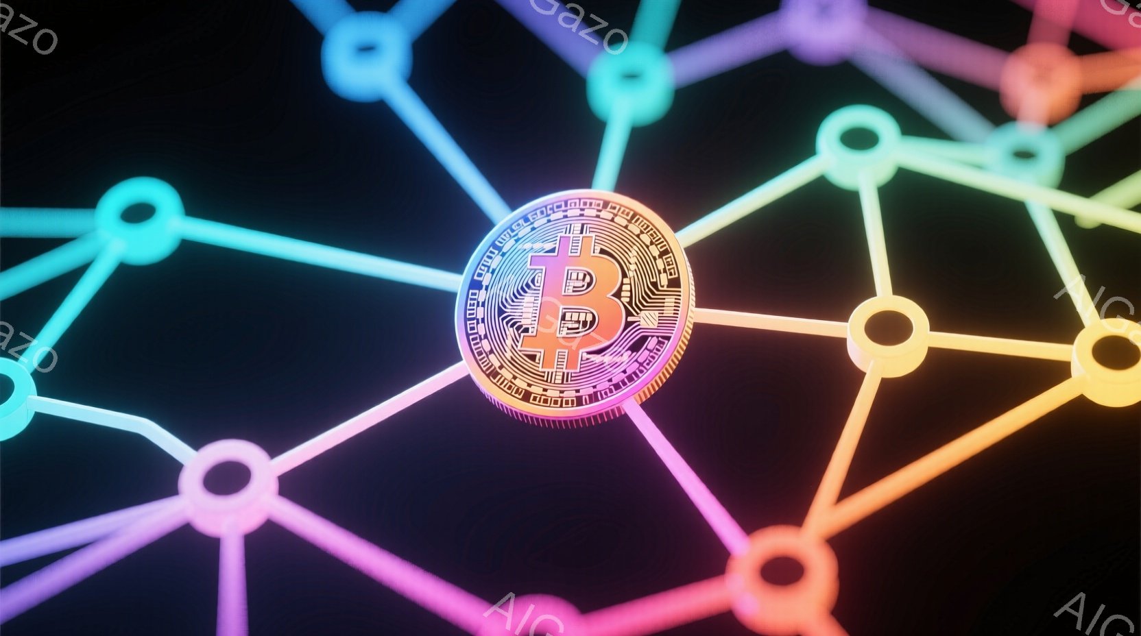画像は暗い背景にビットコインのシンボルが中央に配置され、その周囲に線で結ばれた光る円形のノードが広がっています。鮮やかなピンク、オレンジ、緑、青のグラデーションが光の線とノードに施され、未来的な印象を - AI生成フリー素材