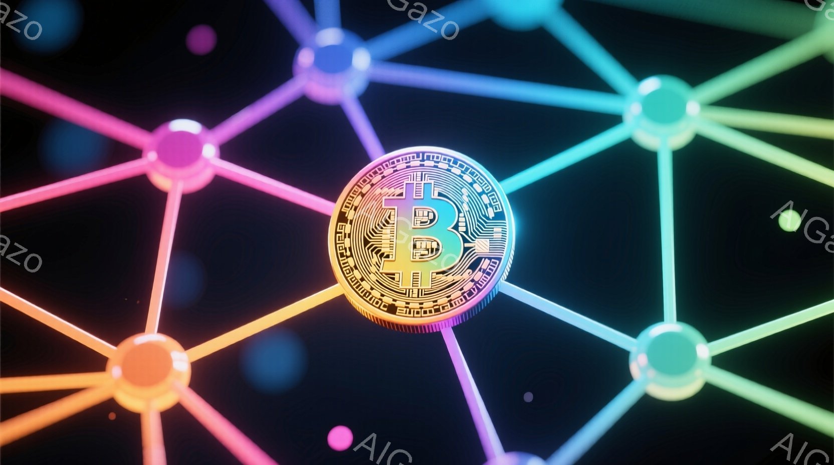 鮮やかなネオンカラーの線が複雑なネットワークを形成しており、その中心にはビットコインのシンボルが配置されています。ビットコインのシンボルは金色で、複雑な模様が施されており、中心には白い「B」の文字が光 - AI生成フリー素材