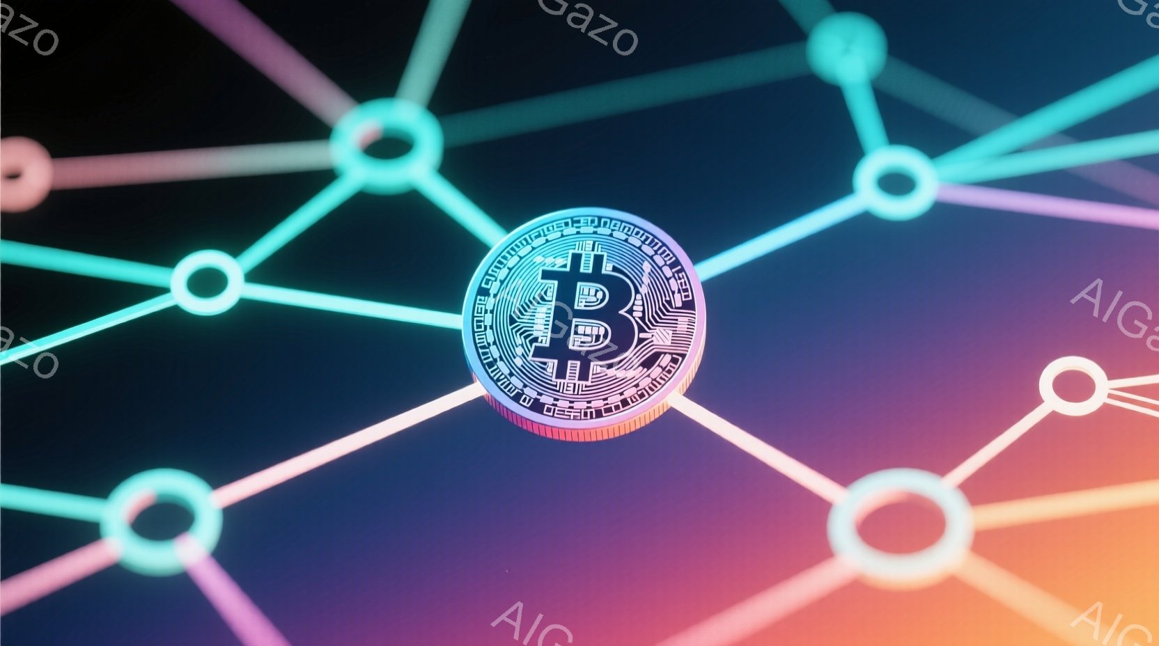 鮮やかなグラデーション背景を背景に、ビットコインのロゴが中央に配置されています。ロゴの周囲には、発光する線で接続された円形のノードがネットワーク状に配置されており、現代的でテクノロジーを感じさせる印象を与えます。全体的に、暗号通貨やブロックチェーン技術を象徴する未来的なイメージです。