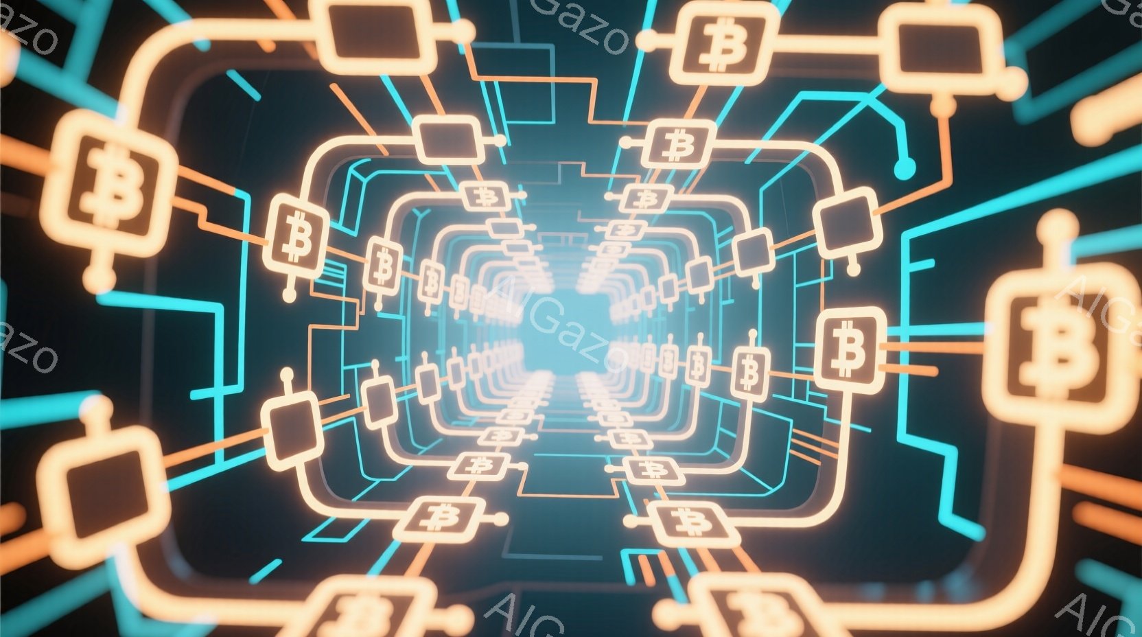 この画像は、明るいネオンカラーのブロックチェーンのようなトンネルを描いています。ブロックはすべてビットコインの記号を含み、未来的な回路や接続を連想させます。トンネルは明るい光を放ち、無限に続くような奥行きを感じさせ、デジタル世界への没入感を高めます。