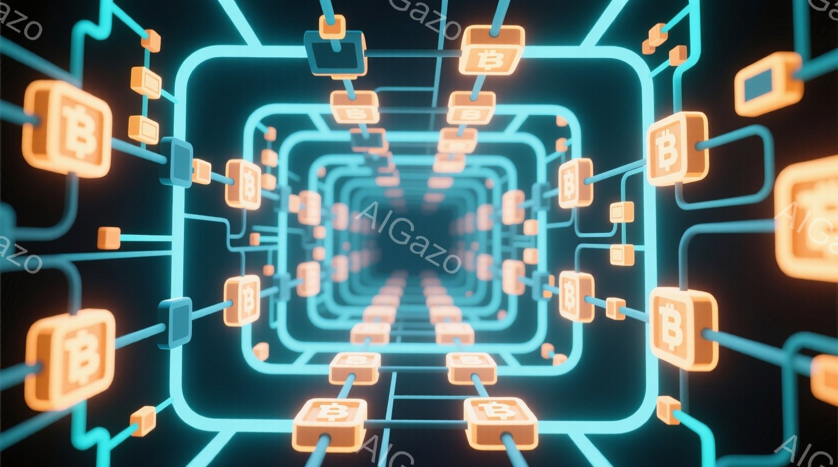 この画像は、明るいオレンジ色のビットコインのアイコンが、ネオンブルーの管状の迷路の中に規則的に配置されたトンネルの視覚的表現です。管は複雑なネットワークを形成し、遠近法によって奥行きが強調されています。全体的な雰囲気は、未来的なテクノロジーとデジタル通貨の世界を連想させる、鮮やかでエネルギーに満ちたものです。