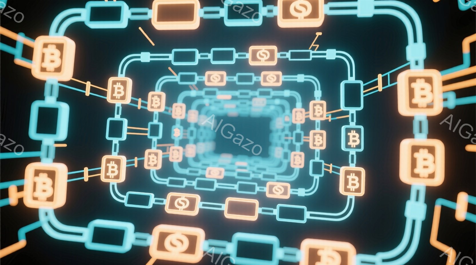 この画像は、明るいオレンジとターコイズブルーのネオンカラーで構成された、ブロックチェーンのようなトンネルの内部を示しています。ブロックは互いに接続されており、ビットコインのシンボルとドルのシンボルが点在しています。全体として、未来的なテクノロジーと金融の概念を連想させる、没入感のある抽象的な雰囲気です。