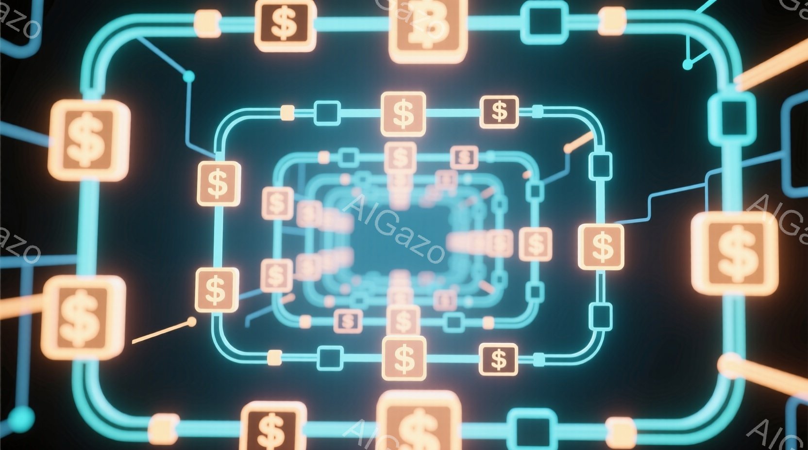 鮮やかなターコイズブルーの背景に、白とオレンジ色の線が複雑に絡み合い、トンネルのような構造を形成しています。その線路には、ドル記号($)とビットコイン記号(₿)が配置されており、金融やデジタル通貨を連想させます。全体的に未来的な雰囲気を醸し出し、サイバー空間やデータネットワークをイメージさせます。