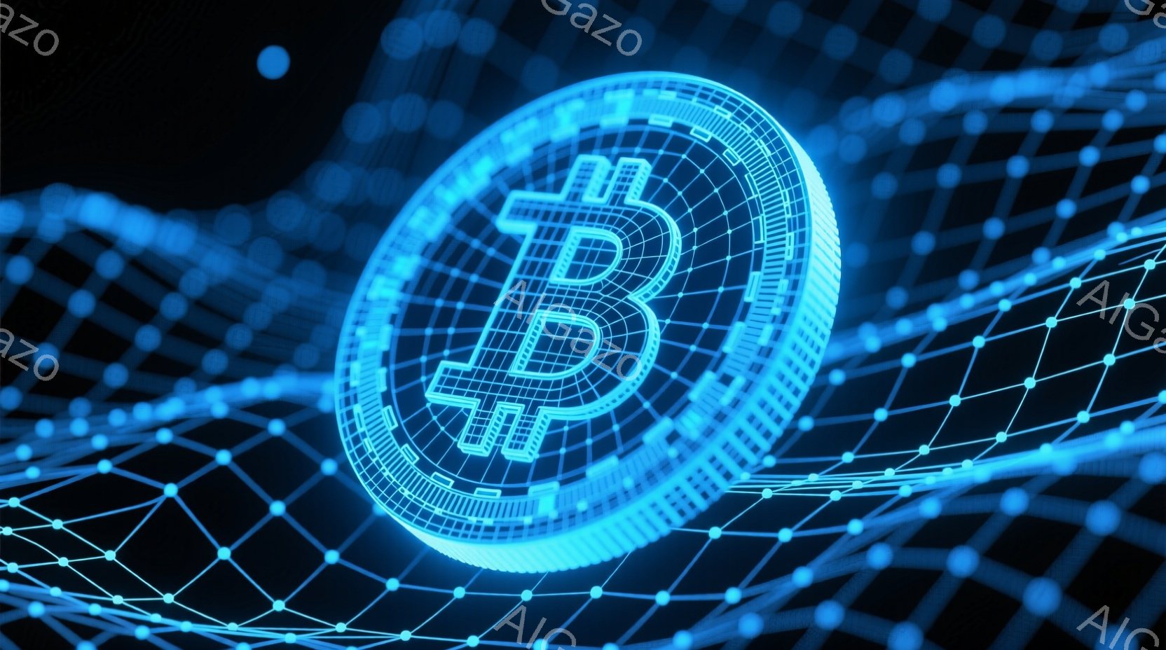 鮮やかな青色の光で構成されたビットコインのアイコンが、複雑なネットワーク状の線と光のパターンを背景に浮かび上がっています。アイコンは未来的なデザインで、デジタル通貨の概念を強調しています。全体的に、テクノロジー、金融、そして未来的な雰囲気を醸し出しています。