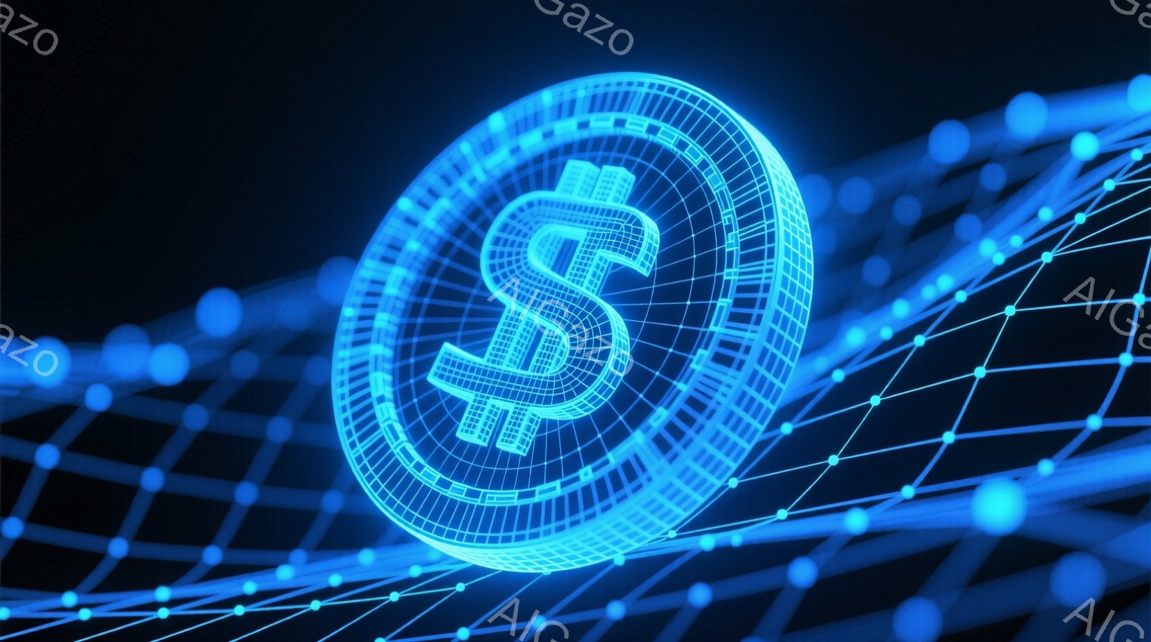 鮮やかな青色のデジタルな背景に、未来的なデザインの米ドル記号が描かれた円形の構造物が浮かび上がっています。その構造物はワイヤーフレームで構成されており、光沢のある線が複雑に絡み合って、立体的な印象を与えています。背景には、光る粒子が連なる線が放射状に広がり、サイバーパンク風の先進的な雰囲気を醸し出しています。