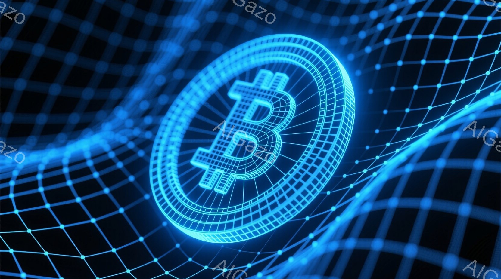 この画像は、青色の光る線で構成されたビットコインのロゴが描かれています。その背景には、複雑なグリッド状の青い光のネットワークが広がり、未来的な印象を与えます。全体的に、デジタル通貨の技術的な側面と抽象的なネットワーク構造を強調した、クールでモダンな雰囲気です。