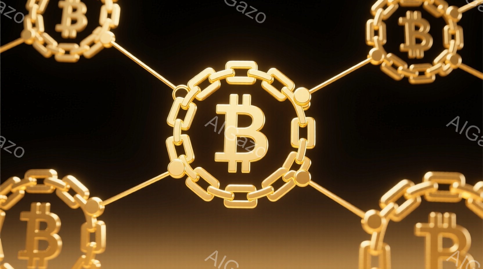 鮮やかな金色のビットコインのロゴが鎖で繋がれた状態で、暗い背景に浮かび上がっています。鎖はロゴの周囲を囲み、ブロックチェーン技術の概念を視覚的に表現しています。全体的に高級感があり、金融やテクノロジーに関連するイメージを想起させます。