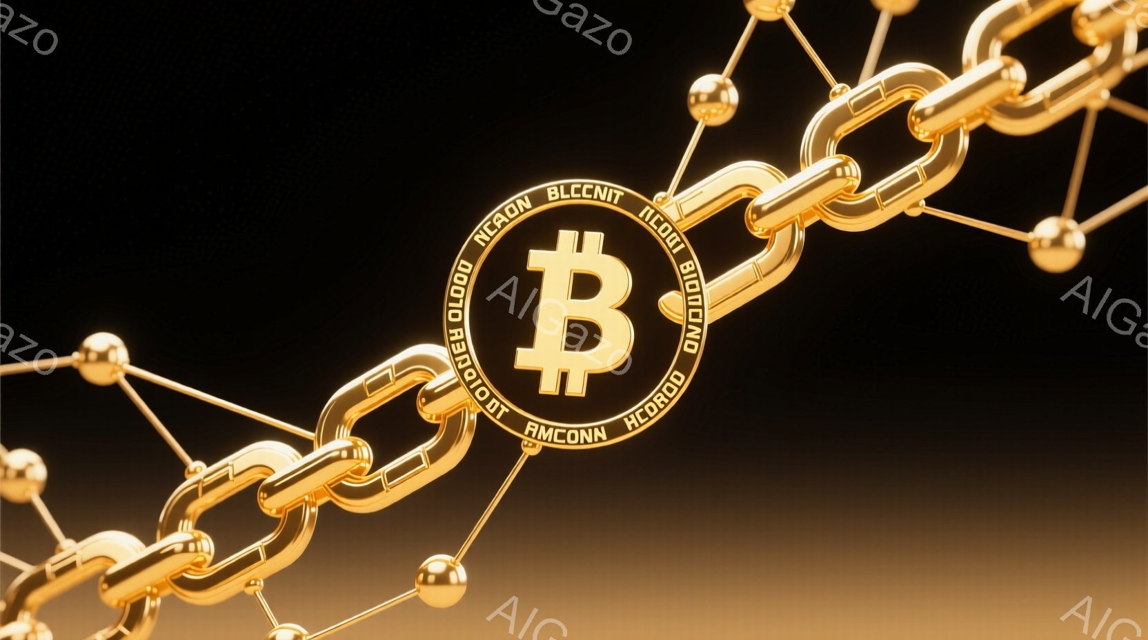 金色のビットコインのロゴが、金色のチェーンで構成された複雑なネットワークの中心に位置している。背景は暗いグレーから黄金色へのグラデーションで、チェーンがロゴを囲み、繋がりと安定感を示唆している。 全体的に、富、技術、そしてブロックチェーンの概念を象徴する、豪華で未来的な雰囲気である。