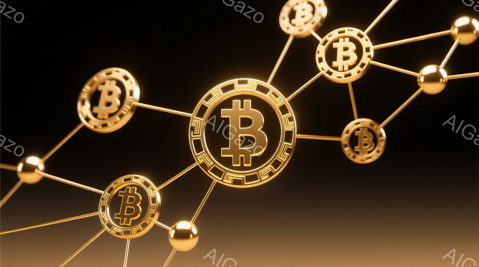 黄金色のビットコインのアイコンが、線で繋がってネットワーク状に配置されています。背景は暗い茶色で、アイコンが際立って見えます。全体的に、現代的な金融テクノロジーを象徴する、洗練された雰囲気です。