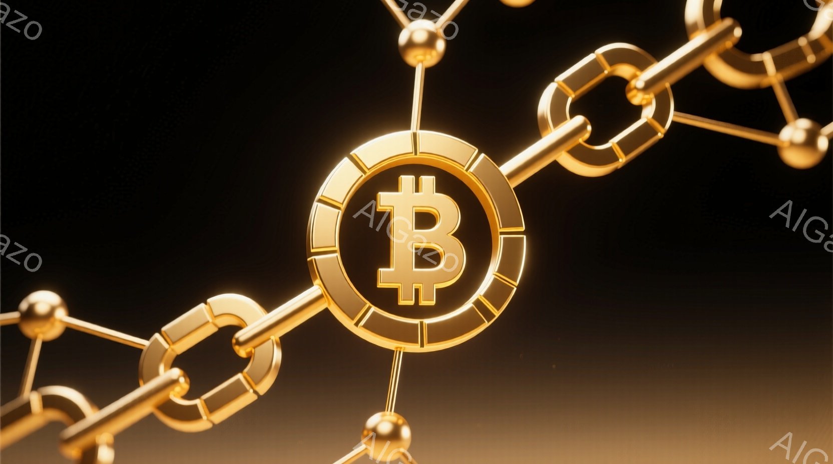 金色のビットコインのロゴが、金色のチェーンのリンクに組み込まれた様子が描かれています。背景は暗い色合いで、チェーン全体が暖かく光り輝いており、高級感と信頼感を与えます。この表現は、ビットコインがブロックチェーン技術と密接に関連していることを視覚的に強調しています。