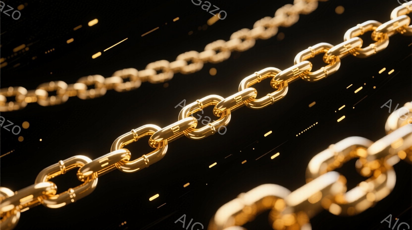 画像は、光沢のある金色のチェーンが黒い背景に浮かび上がっている様子を捉えています。チェーンはねじれながら空間を横断し、小さな金色の光点が背景に散りばめられて、神秘的な雰囲気を醸し出しています。全体的に、高貴さと未来的な印象が混ざり合った、洗練されたイメージです。