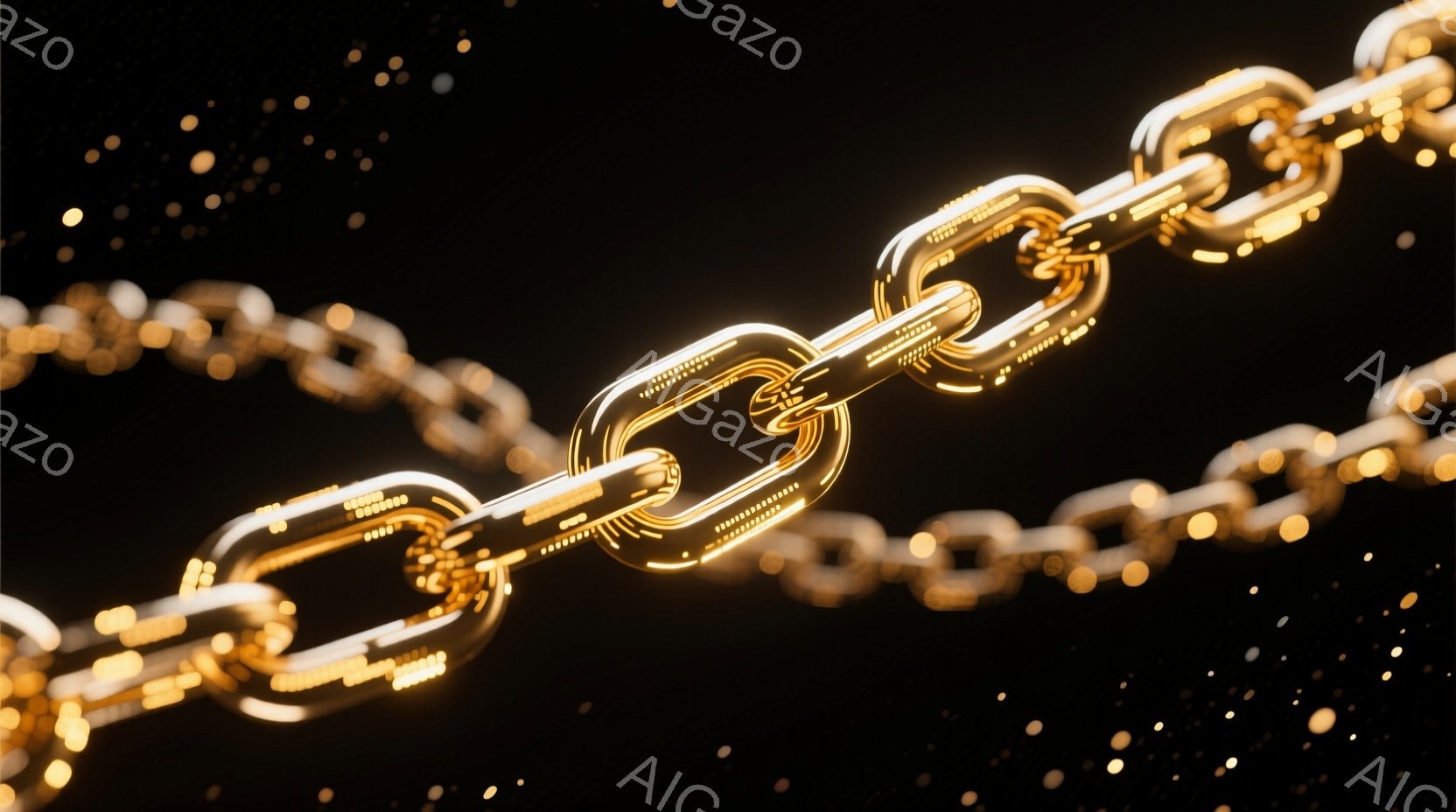 鮮やかな金色のチェーンが、暗い背景に浮かび上がっています。チェーンのリンクは光沢があり、表面に細やかな模様が刻まれており、洗練された印象を与えます。背景には微かな光の粒子が散りばめられ、チェーンの輝きをさらに強調し、神秘的な雰囲気を醸し出しています。