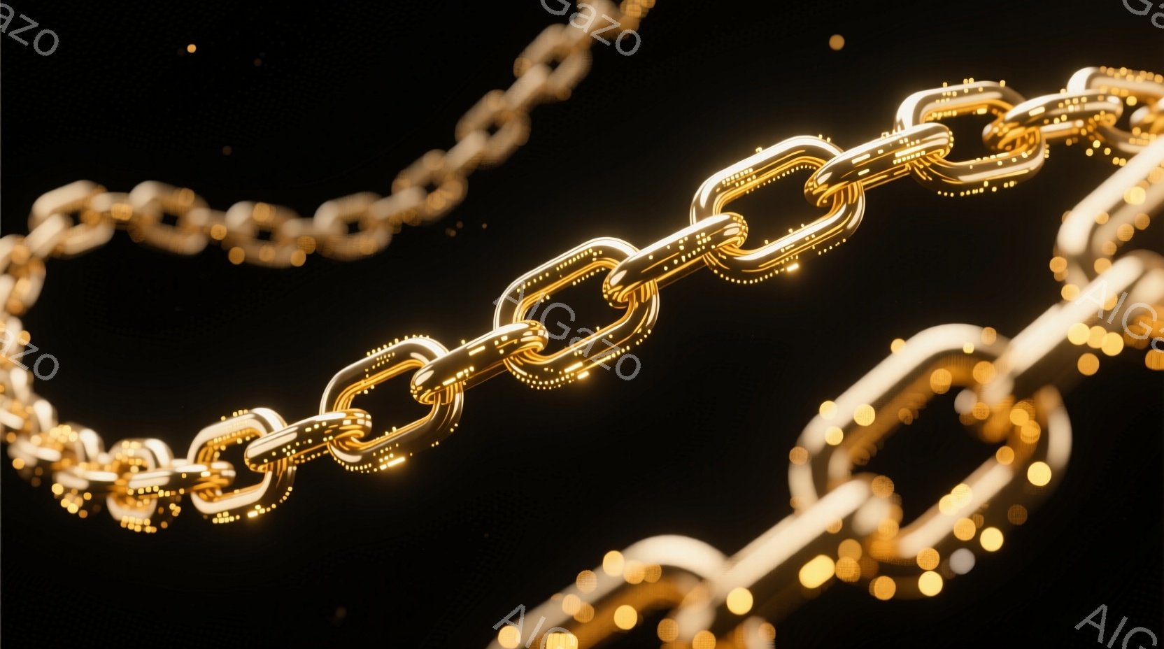 黄金色のチェーンが暗い背景に浮かび上がり、光沢のある質感と細部が際立っています。チェーンは途切れ途切れになっており、光の粒子が散りばめられて、まるで星屑のような幻想的な雰囲気を醸し出しています。全体的 - AI生成フリー素材