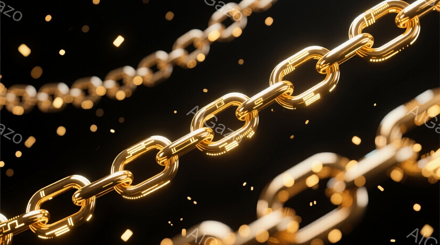 鮮やかな黄金色のチェーンが、黒色の背景に浮かび上がっています。チェーンのリンクは光沢があり、一部には小さな光の粒子が散らばって、幻想的な雰囲気を醸し出しています。背景は暗く、チェーンの輝きを強調し、高級感と力強さを感じさせます。