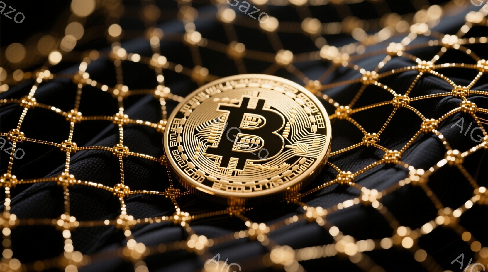 画像は暗い黒い背景に、金色のビットコインが配置されています。背景には、金色のチェーンのようなテクスチャが網目状に広がっており、ビットコインを際立たせています。 全体的に、高級感と未来的な印象を与えるイメージです。
