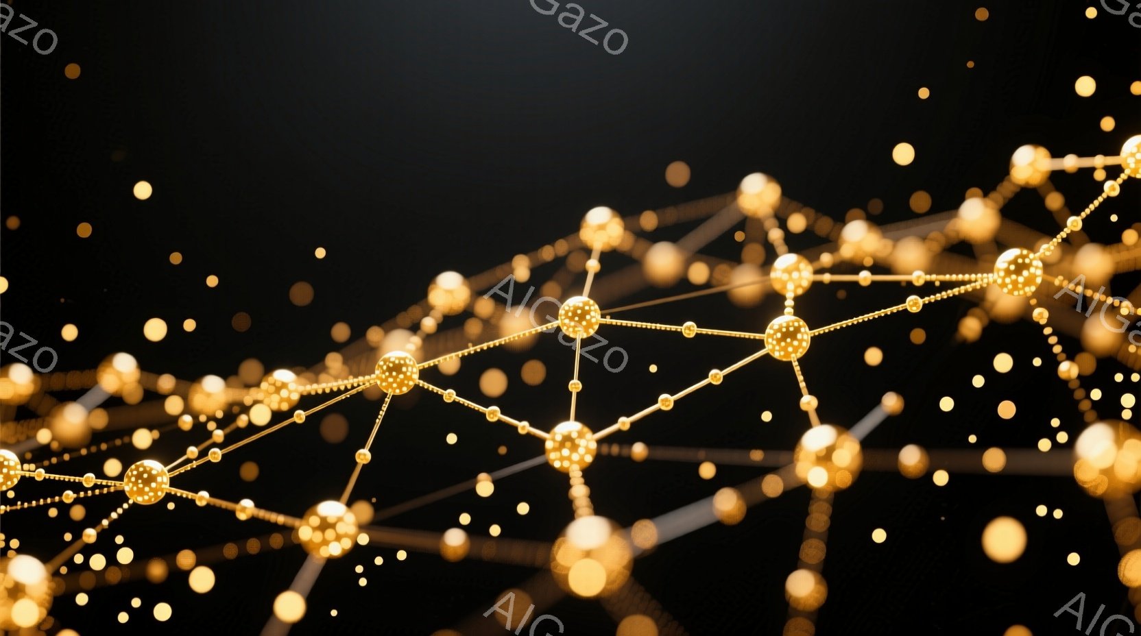 鮮やかな金色の光点が無数の線で繋がれ、複雑なネットワークを形成している様子が描かれている。背景は漆黒で、光点がより一層際立っている。全体として、科学技術やデータ通信、あるいは抽象的な繋がりを表現した、 - AI生成フリー素材