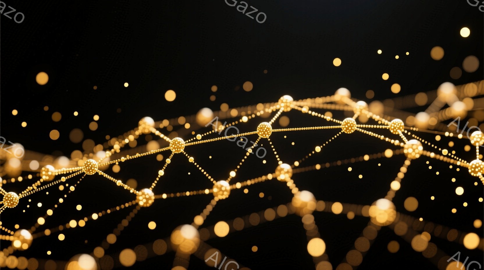 漆黒の背景に、金色の光る粒子が網の目のように繋がって、複雑なネットワークを形成している。粒子は様々な大きさで、明るく輝きながら空間に漂っているように見える。全体的に、科学的で未来的な、あるいは抽象的なデジタルアートのような雰囲気を醸し出している。