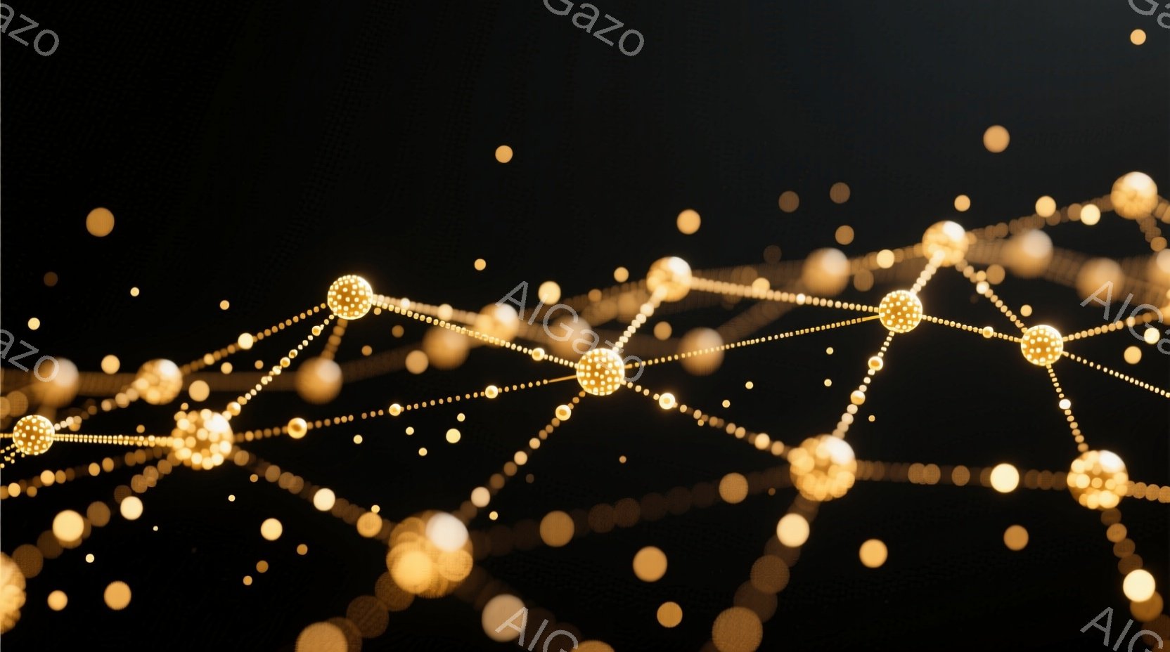 漆黒の背景に、金色の光の粒子がネットワーク状につながって浮かび上がっています。粒子は大小様々で、明るく輝きながら、まるで星間空間のつながりを視覚化したかのようです。全体として、神秘的で未来的な雰囲気を醸し出しています。