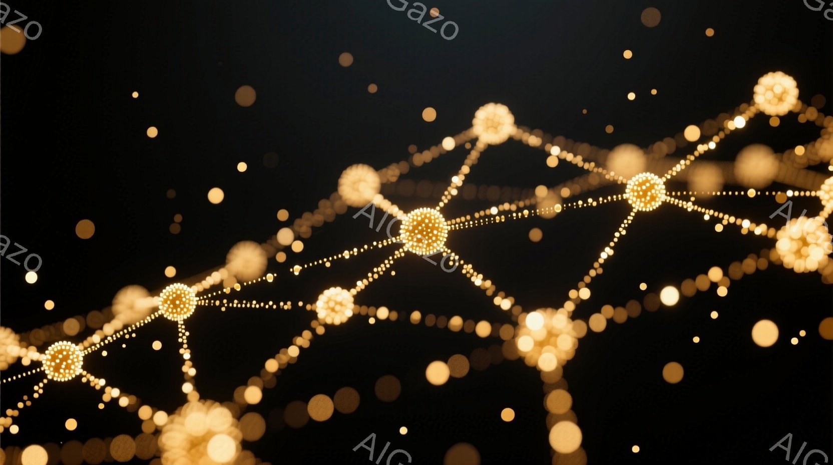 暗い背景に、金色の粒子で構成されたネットワークが広がっている。粒子は様々な大きさで、線で繋がれており、まるで神経回路やデータフローを視覚化したようである。全体的に神秘的で未来的な雰囲気を醸し出している。