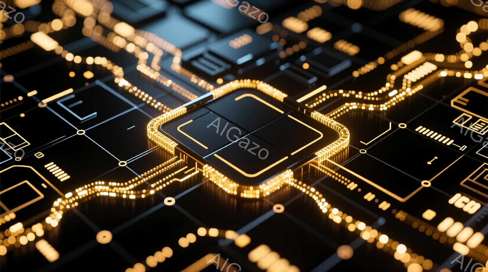 この画像は、黒い基板上に金色の配線が複雑に走る電子回路のクローズアップです。基板には四角いチップや様々な電子部品が配置されており、未来的なテクノロジーを感じさせます。金色の光が基板全体を照らし、精密で洗練された雰囲気を醸し出しています。