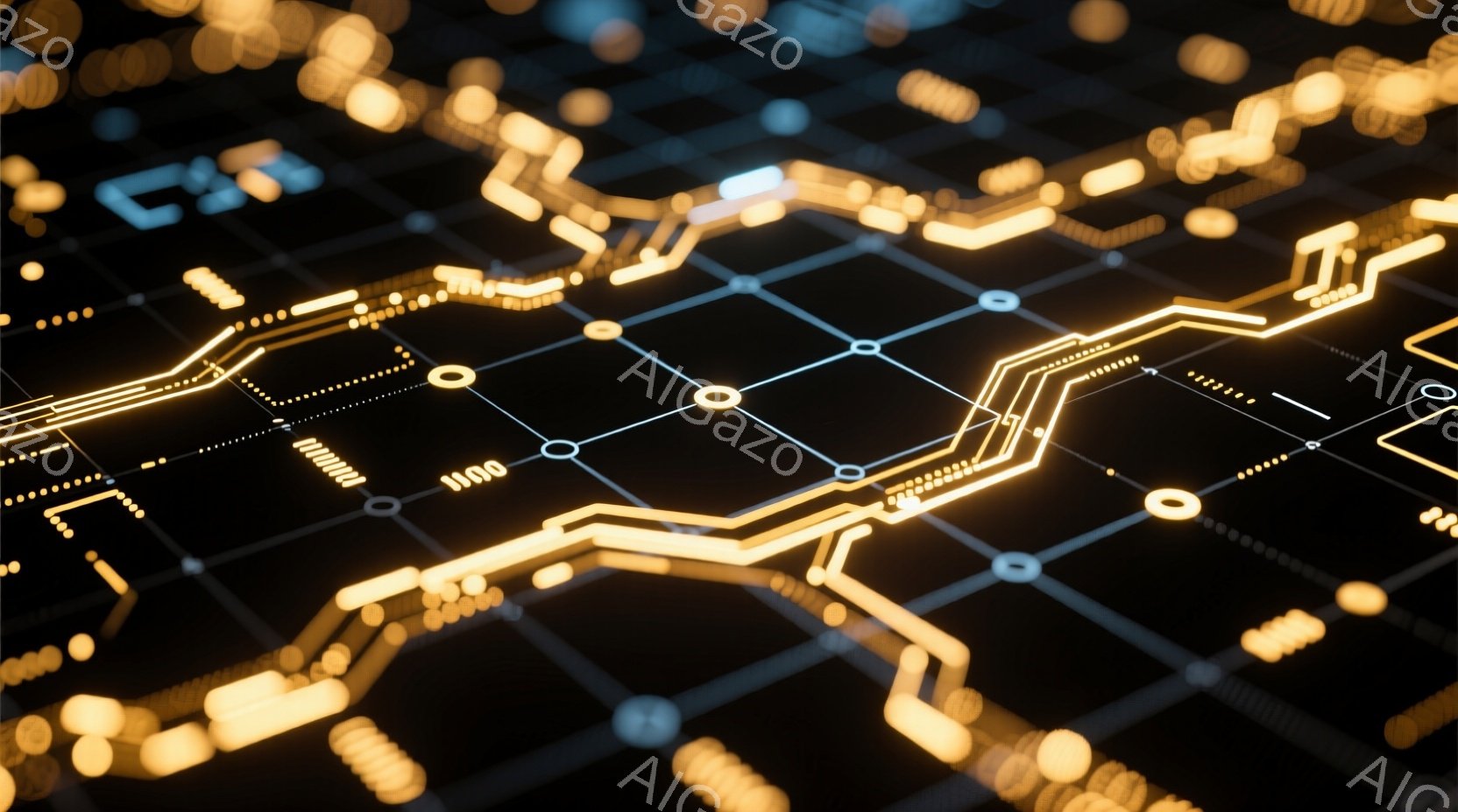 暗い背景に金色の電子回路が網の目のように広がっており、細い線と小さな円形のノードが複雑に接続されている様子が表現されている。光の線が回路を照らし、未来的な技術やネットワークの概念を想起させる。全体的に - AI生成フリー素材
