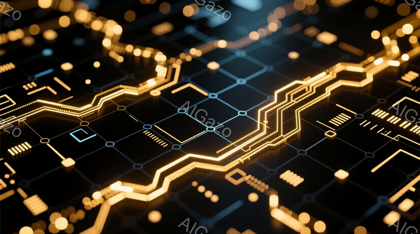 漆黒の背景に、鮮やかなオレンジ色の回路が複雑に広がり、未来的なテクノロジーのイメージを想起させるグラフィックである。回路は細い線と小さな円形で構成され、まるで電子基板やネットワークの構造を模倣している - AI生成フリー素材