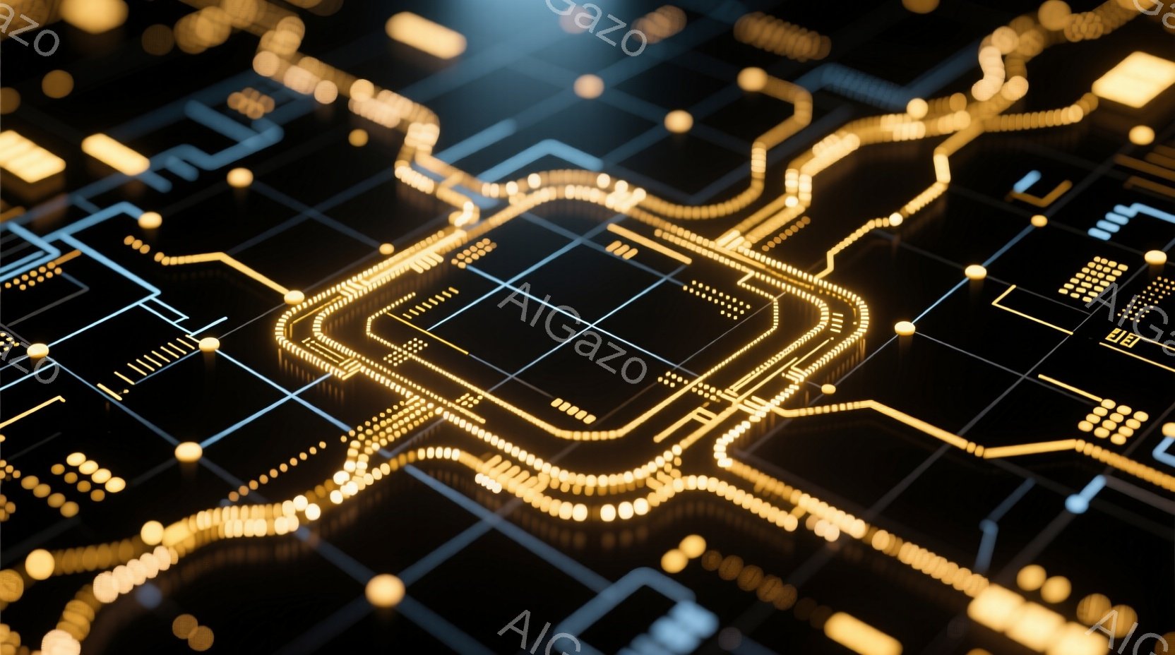 この画像は、暗い背景に光る回路基板のような抽象的なパターンを示しています。金色の線と点が複雑に絡み合い、未来的な技術やデジタルネットワークを連想させます。全体的に、高精細で鮮やかな印象を与え、サイバーパンクやSFの世界観を彷彿とさせます。