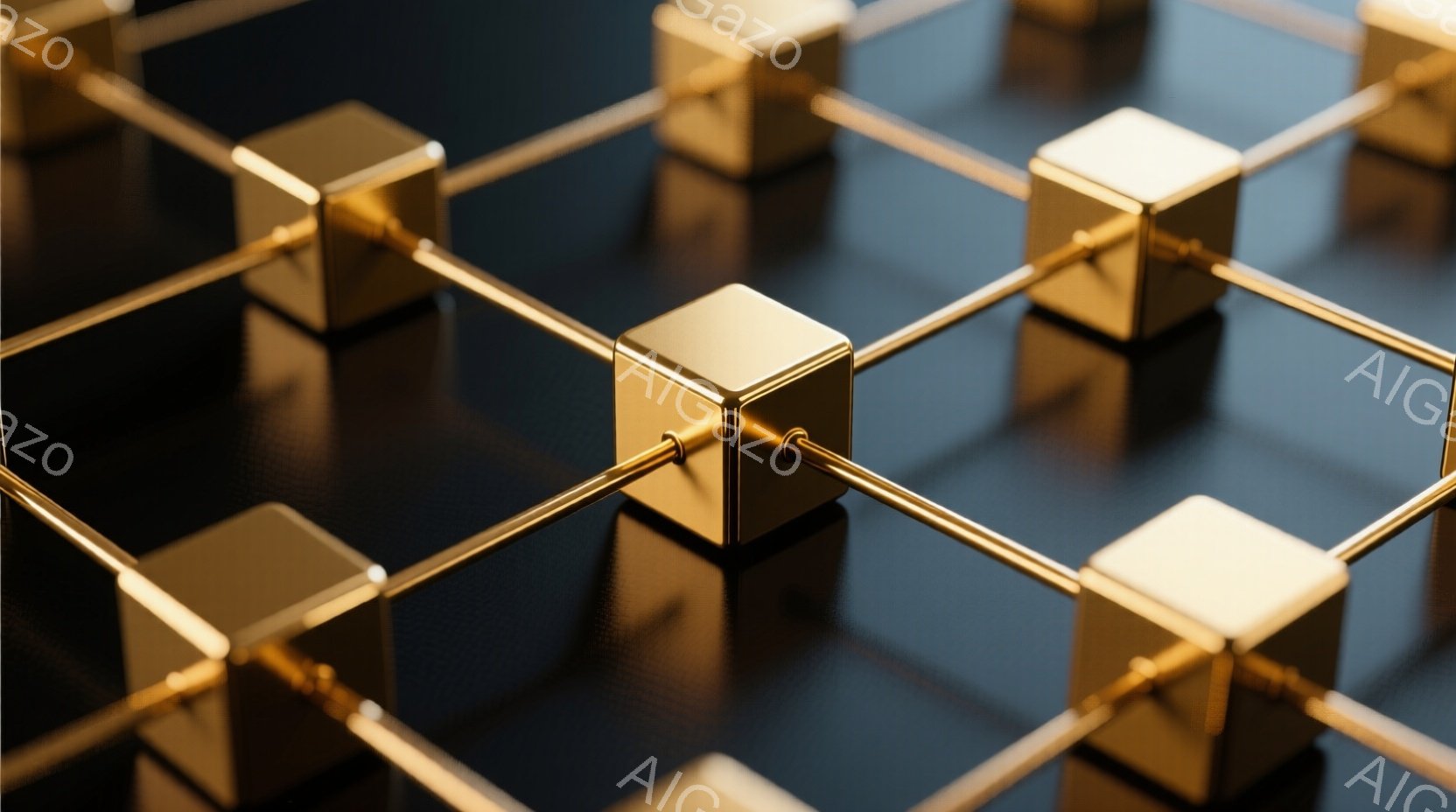 鮮やかな金色の立方体が、黒い背景の上に格子状に並んでいます。各立方体は金色の棒で繋がっており、まるで複雑なネットワークを形成しているかのようです。光沢のある素材と影が、洗練されたモダンな雰囲気を醸し出しています。
