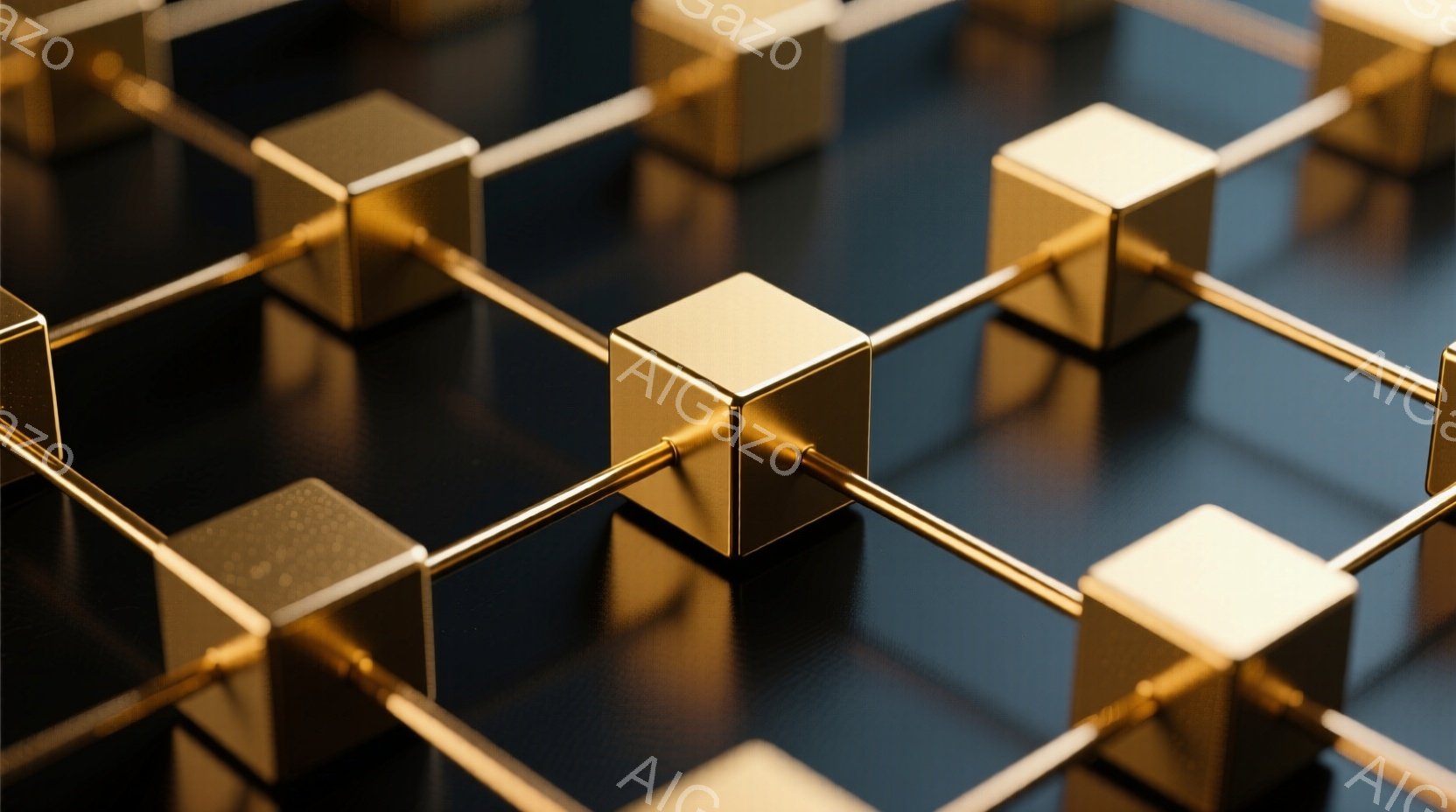 黄金色の立方体が、細い金色の棒で接続されたネットワーク状に配置されている。背景は暗いグレーで、立方体と棒の光沢が際立っている。全体的に、洗練された、幾何学的で、モダンな雰囲気を醸し出している。
