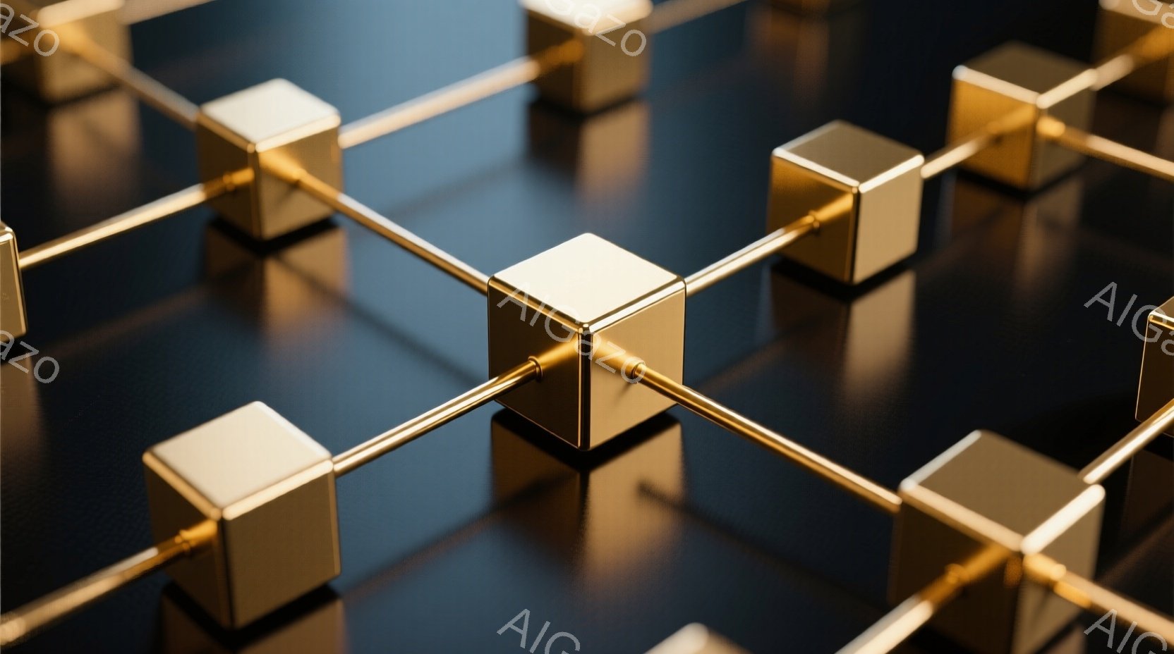 黄金色の立方体が黒い背景の上で複雑なネットワーク状に配置されています。それぞれの立方体は細い金色の棒で繋がれており、光沢があり、反射が映り込んでいます。全体的に、洗練された、抽象的で、幾何学的な構成が印象的です。