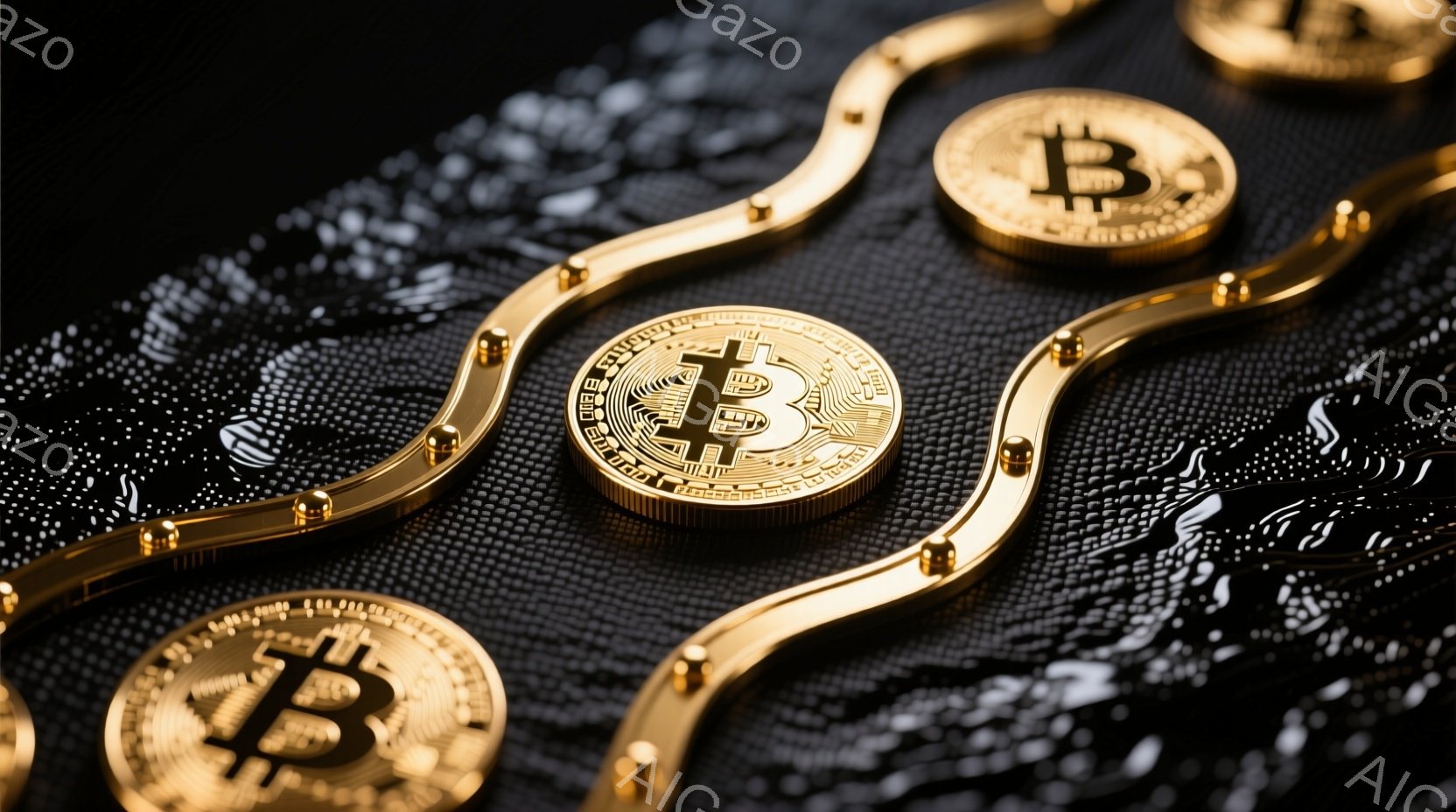 画像は暗い背景にビットコインの金色のコインと、絡み合ったような金色の装飾が写っています。コインにはビットコインのロゴが刻印され、光沢があり、高級感を漂わせています。装飾とコインは、暗い背景の中で輝きを増し、暗号通貨の富と複雑さを象徴しているようです。