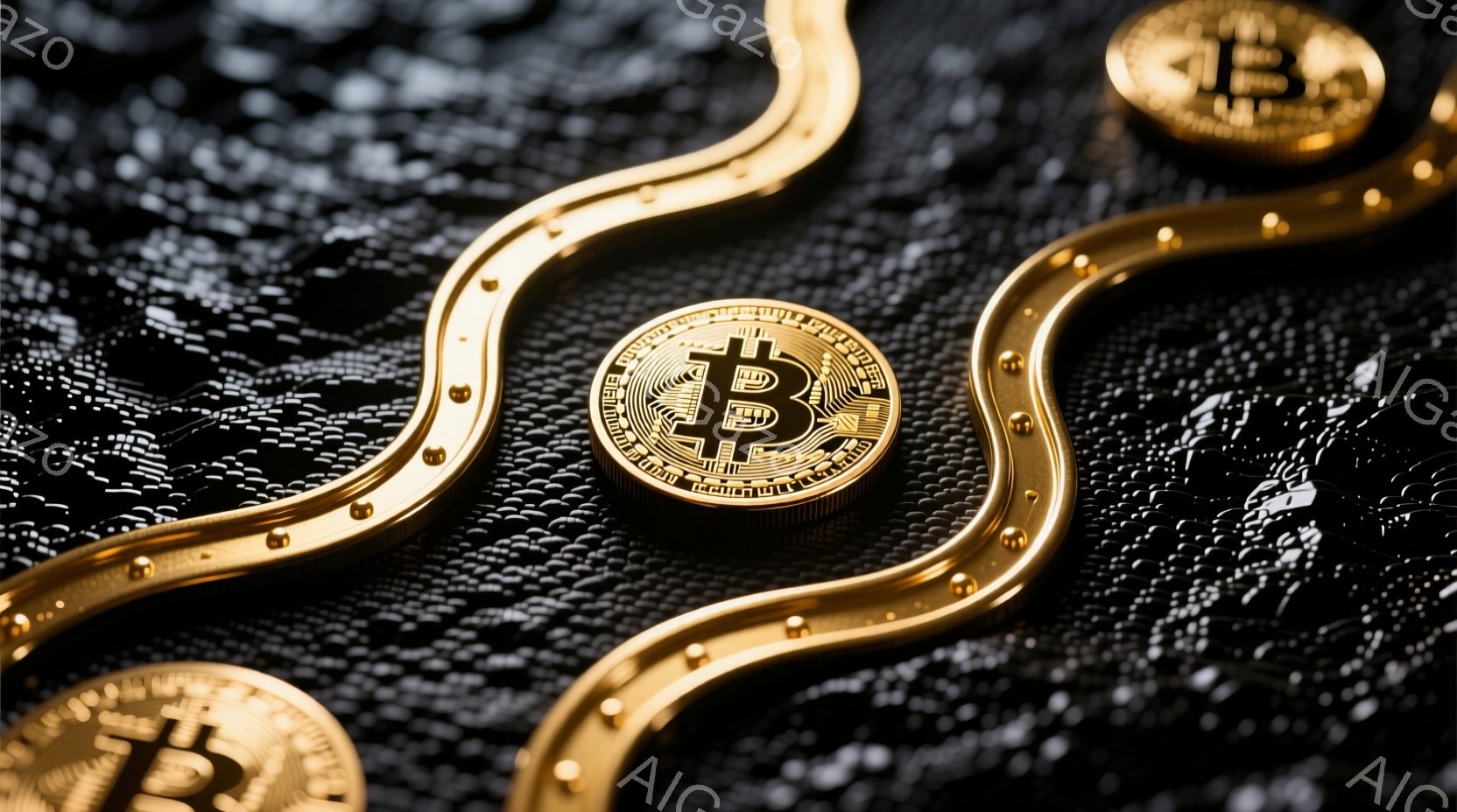 漆黒の背景に、金色のビットコインが幾つか配置されています。複雑に絡み合った金色の曲線がビットコインを囲み、光沢のあるテクスチャが目を引きます。全体として、ビットコインと富、あるいはテクノロジーの未来を象徴するような、高級感のあるイメージです。