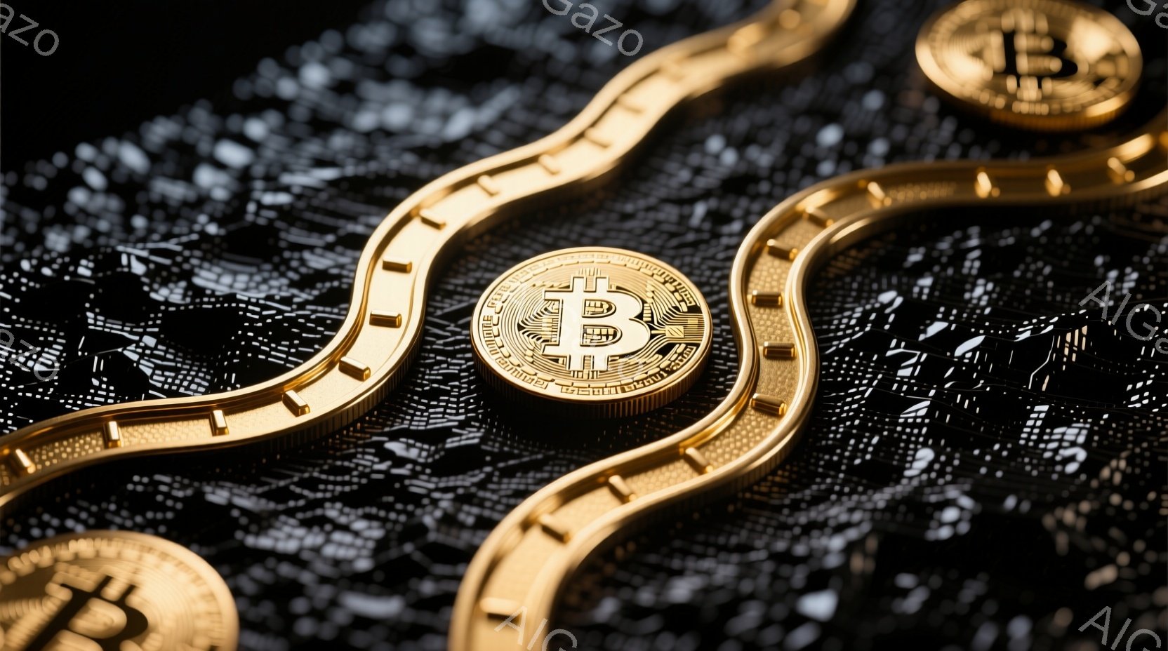 鮮やかな金色のビットコインが黒色のテクスチャード背景に配置されている。コインは曲線を描き、デジタル通貨のネットワークや接続性を象徴しているように見える。背景は細かい粒状で、技術的でモダンな雰囲気を醸し出している。