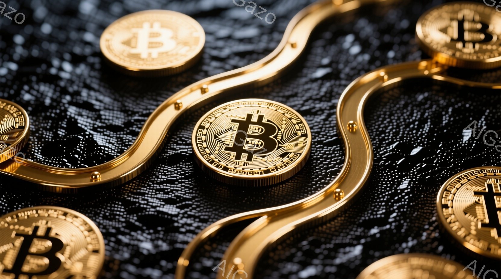 画像は、暗い背景に配置された複数のビットコインのクローズアップ写真です。ビットコインは金色の金属製で、複雑なデザインが施されており、特徴的な「฿」のシンボルが中央に描かれています。背景はテクスチャのあ - AI生成フリー素材