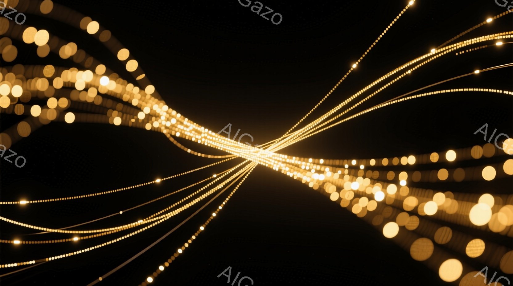 漆黒の背景に、無数の金色の光の線が中心点から放射状に広がっている様子が描かれている。光の線は細く、まるで星屑のような輝きを持ち、ダイナミックで幻想的な雰囲気を醸し出している。中心点に向かうにつれて光が集中し、爆発的なエネルギーを感じさせる視覚効果が生まれている。