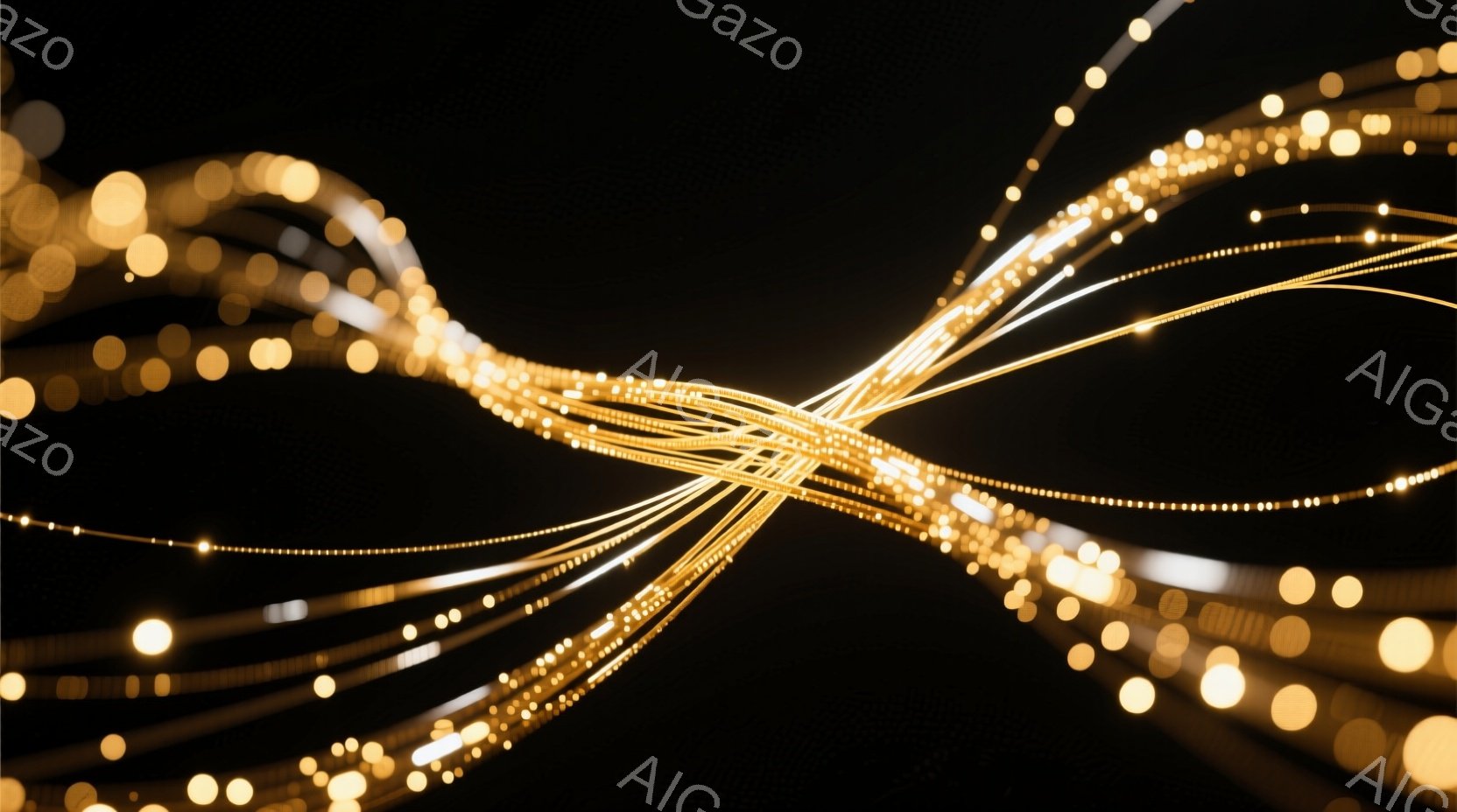 画像は暗い背景に、無数の金色の光の線が放射状に広がる様子を捉えています。光の線は細く、まるで星屑のように輝き、中心から四方へ拡散するエネルギーの流れを表現しています。全体的に幻想的で、未来的な雰囲気を感じさせます。