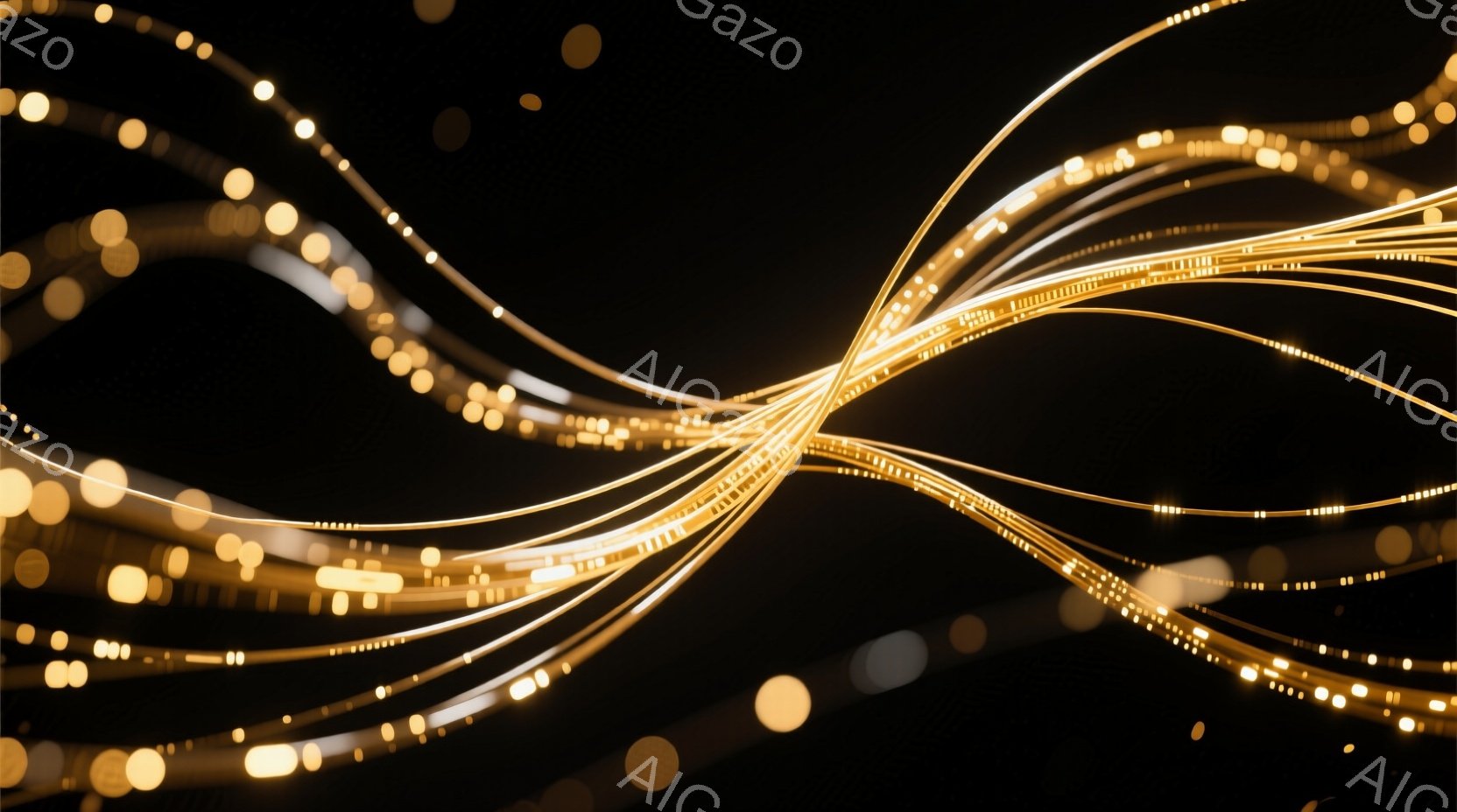 漆黒の背景に、無数の金色の光の線が放射状に広がっている。線はまるでエネルギーの流れのように、細く、明るく、そしてダイナミックに絡み合い、幻想的な雰囲気を醸し出している。光の粒子が散りばめられており、奥行きと輝きを増し、まるで星空の中にいるような感覚を覚える。