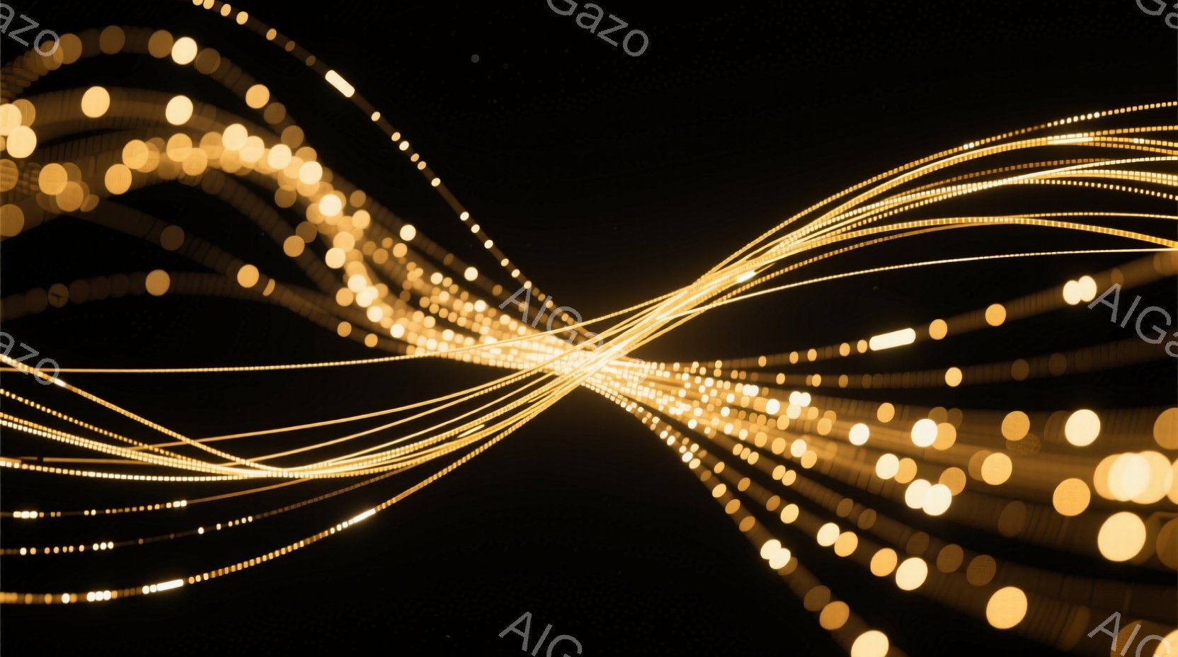 漆黒の背景に、無数の金色の光の線が放射状に広がっている様子が描かれている。光の線は、まるでエネルギーの流れのように中心から四方へ広がり、途中で交差しながら美しい軌跡を描いている。全体的に未来的な雰囲気 - AI生成フリー素材