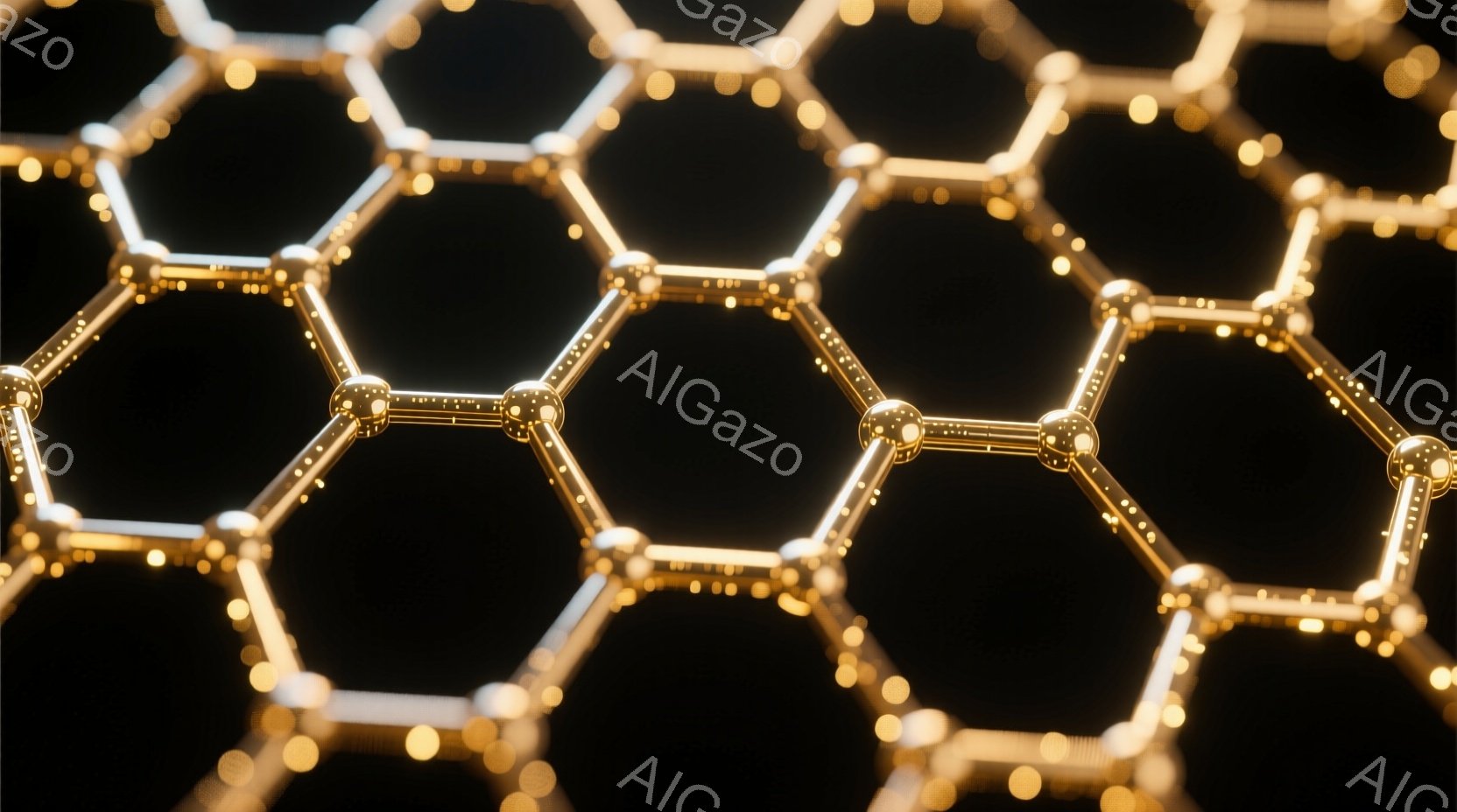 画像は、暗い背景に金色の六角形が網目状に連なった構造を示しています。各六角形の頂点は光を放ち、まるで分子構造やネットワークを連想させます。全体的に、未来的な技術や科学的抽象を想起させる、洗練された雰囲気です。