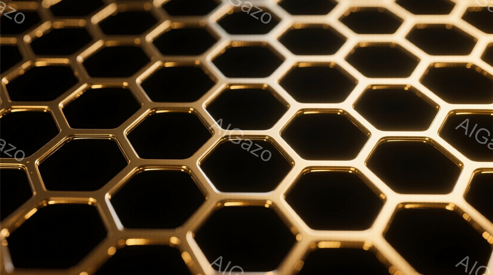 画像は、蜂の巣のような六角形の格子模様が全体を覆っており、光沢のある金色の質感が印象的です。各六角形は内側から光を放っており、奥行きと立体感が生まれています。暗い背景とのコントラストが、神秘的で未来的な雰囲気を醸し出しています。