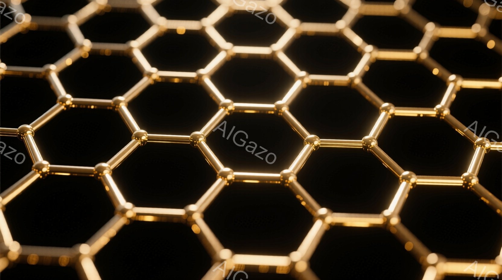 画像は、黒い背景に浮かび上がる金色の六角形ネットワークで構成されています。各六角形は、明るい光を放ち、まるで分子構造やハニカム構造を想起させます。全体的に、未来的な、あるいは科学的な雰囲気を醸し出しています。