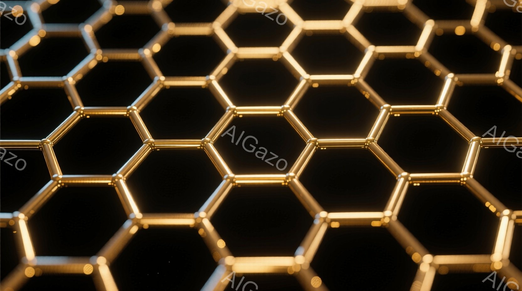 画像は、金色の光る六角形の格子状のパターンが背景の黒い空間に広がっている様子を示しています。各六角形は明るく輝き、金属のような質感で、まるで未来的な回路やハニカム構造を思わせます。全体的に、神秘的でテクノロジー感のある雰囲気が漂っています。