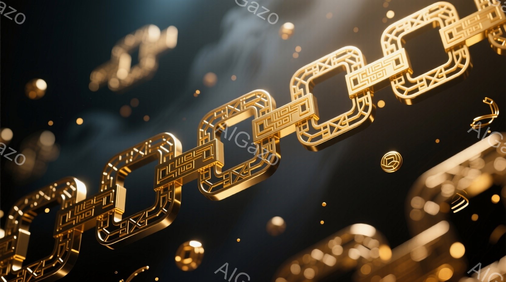 黄金色の複雑なデザインが連なるチェーンが、暗い背景に浮かび上がっています。チェーンはまるで回路のような構造を持ち、光沢のある金属の質感が強調されています。背景にはぼやけた光の粒子が舞い、神秘的で未来的 - AI生成フリー素材