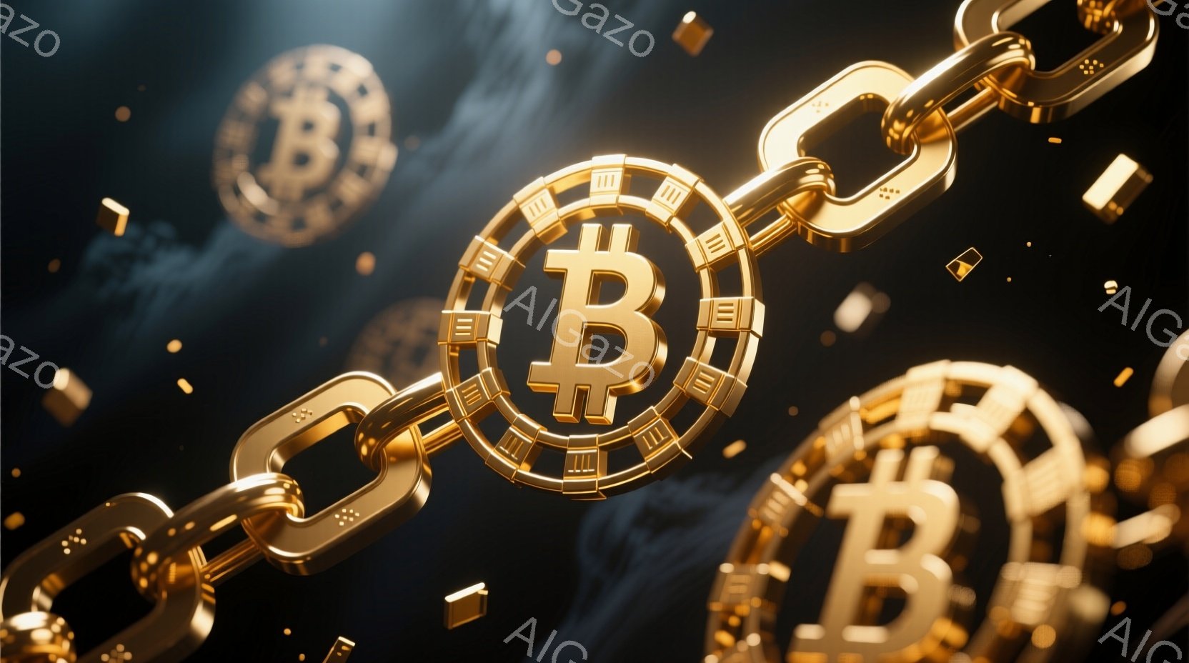 鮮やかな黄金色のビットコインのチェーンが、暗い背景に浮かび上がっています。チェーンのリンクとビットコインのロゴが散りばめられ、まるでデジタル資産が空間を漂うような印象を与えます。全体的に高貴で未来的な雰囲気を醸し出しており、暗号通貨の価値と可能性を象徴しているように見えます。