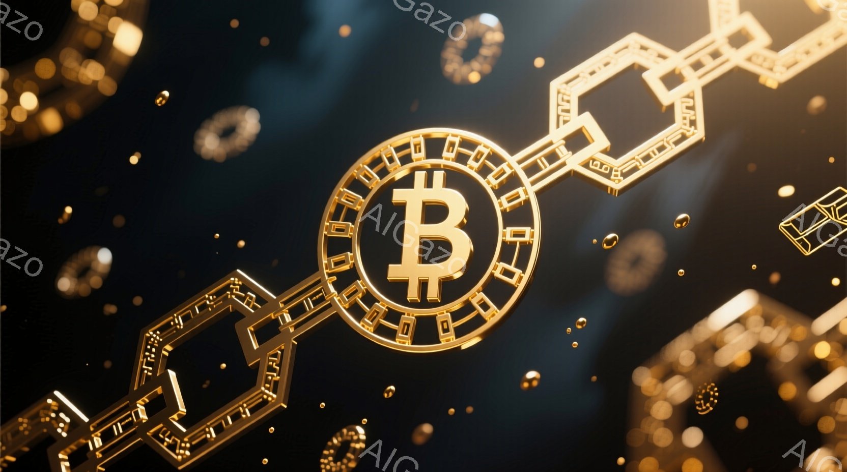 黄金色のビットコインのシンボルが、暗い背景に浮かび上がる様子が描かれています。シンボルの周りには、同じく黄金色のブロックチェーンが繋がり、小さな光の粒子が舞い上がっています。全体的に未来的な雰囲気で、デジタル通貨やブロックチェーン技術を象徴しているように見えます。