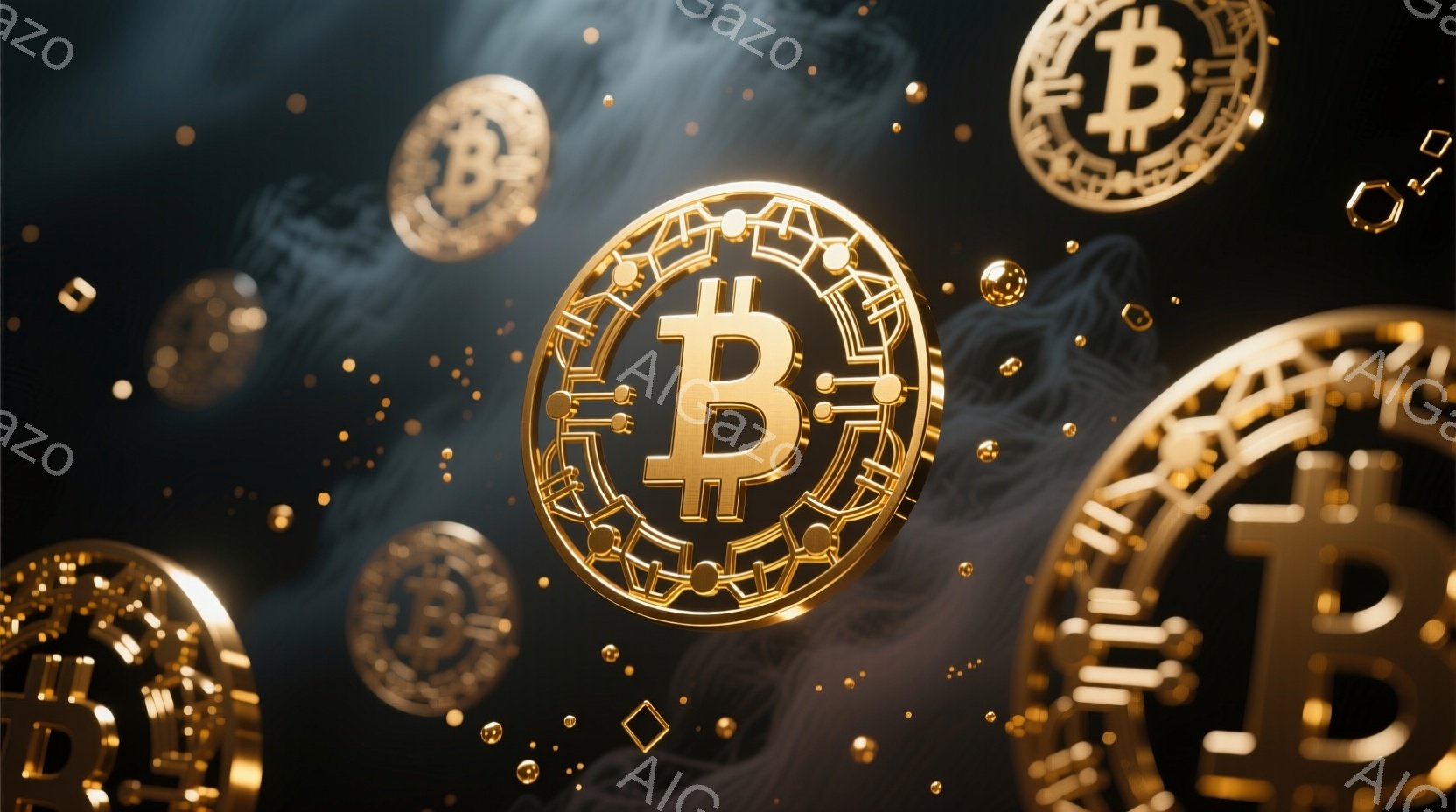 画像は、暗い背景に浮かぶビットコインのアイコンが複数描かれており、それぞれが金色の立体的なデザインで、複雑な回路のような模様が施されています。背景にはぼんやりとした雲のような模様が見え、金色の微粒子が舞い散っている様子が、ビットコインの価値とテクノロジーの進歩を象徴しているようです。全体的に、高級感と未来的な雰囲気が漂っています。