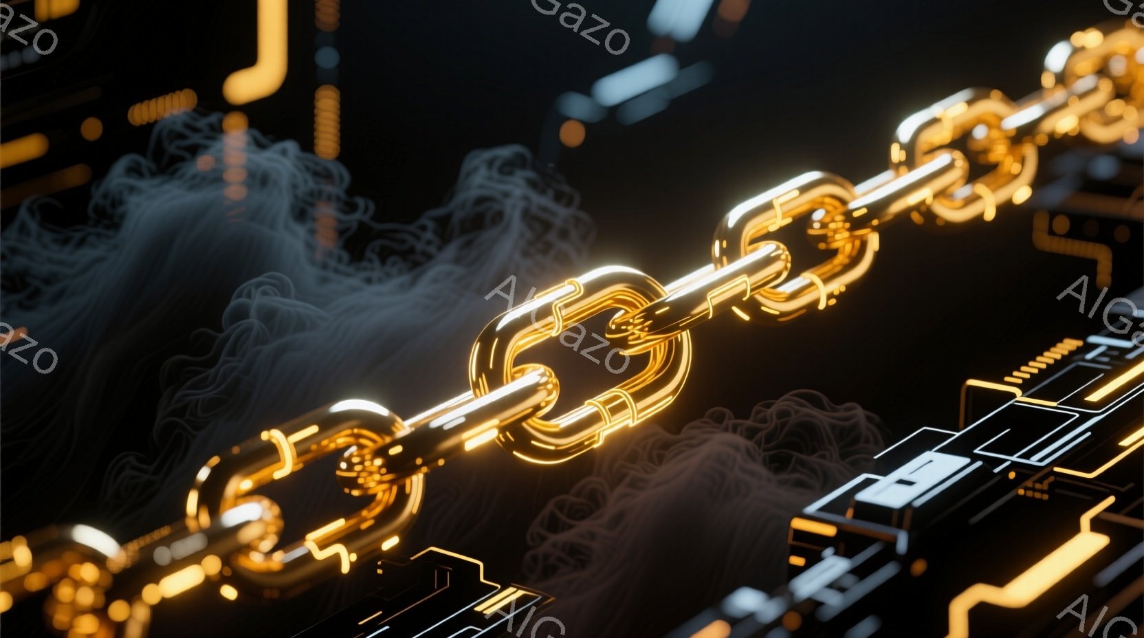 鮮やかなオレンジ色の鎖が、黒い背景に浮かび上がっています。鎖の周囲には、ぼやけた光の筋が漂い、まるでデジタル空間のような印象を与えます。背景には、電子回路のような複雑な模様が描かれ、未来的なテクノロジ - AI生成フリー素材