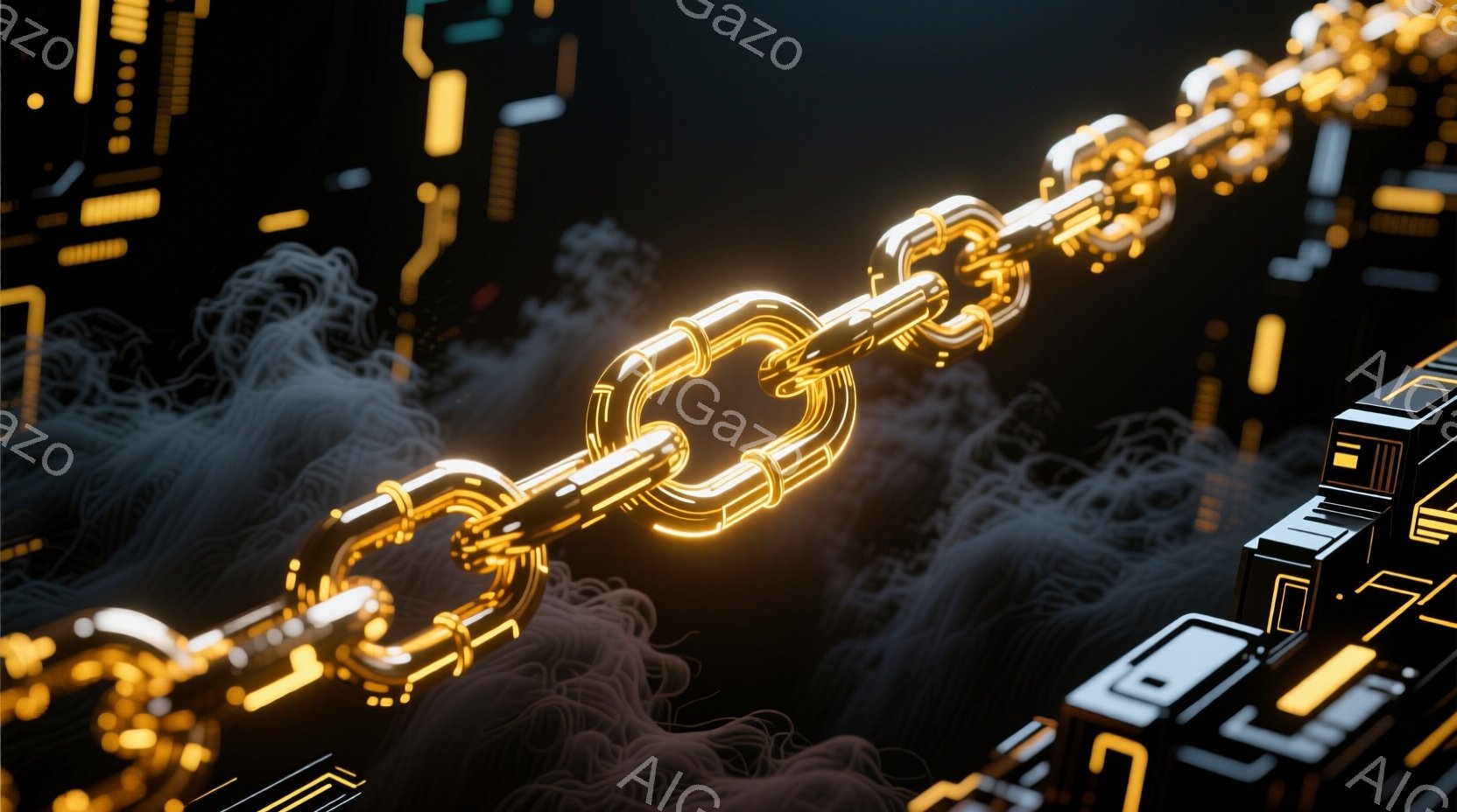 鮮やかなオレンジ色のチェーンが、暗い背景に浮かび上がっている。チェーンは、ねじれたワイヤーのような光の線で構成され、複雑なデジタル回路や立方体の構造物がぼやけて配置されている。全体的に、近未来的なテクノロジーとエネルギーの流れを表現した、幻想的で抽象的な雰囲気である。