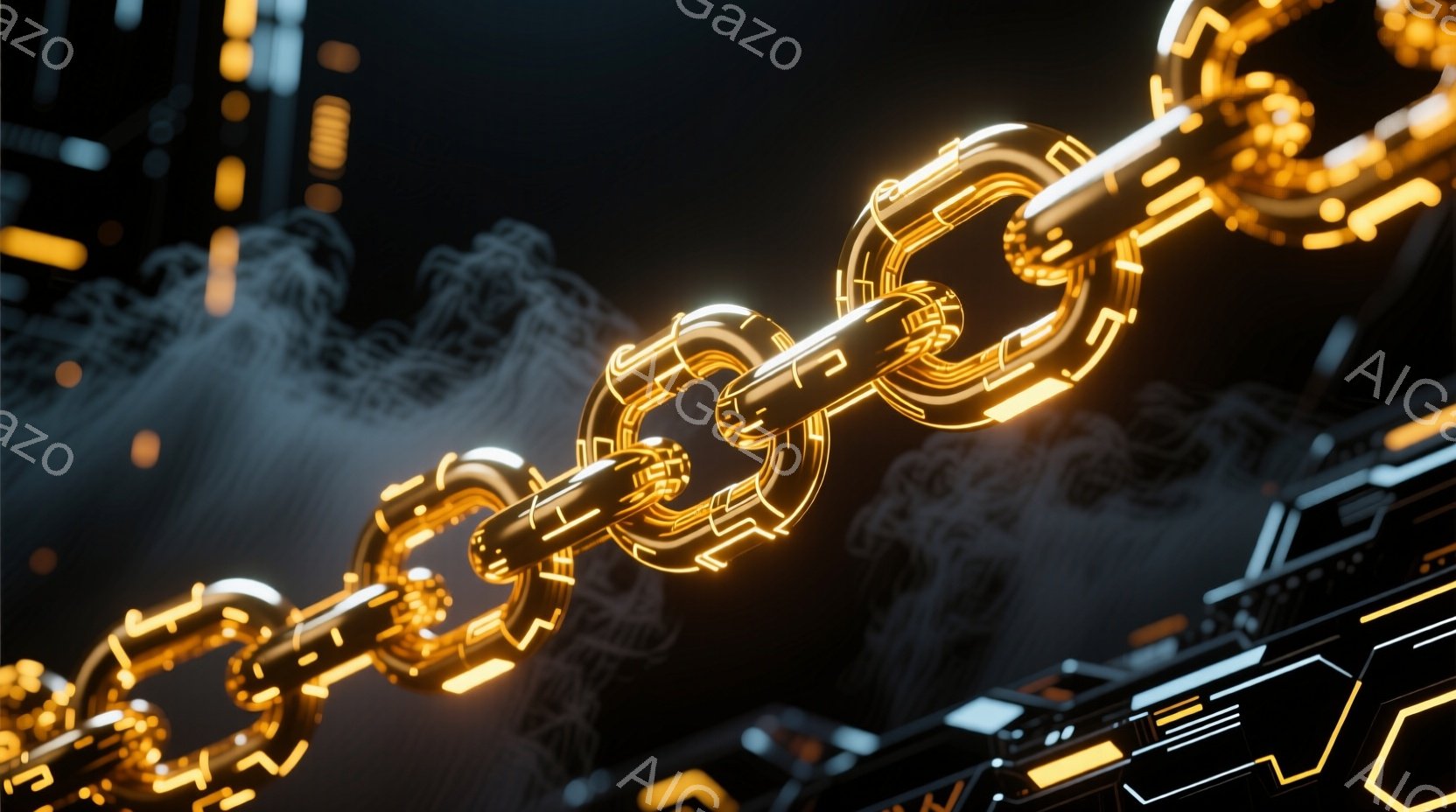 金色の光るチェーンが、暗い背景に浮かび上がっています。背景には、回路のような青い光の線や、抽象的なデジタルパターンが確認でき、未来的な雰囲気を醸し出しています。全体的に、高科技で洗練された印象を与える - AI生成フリー素材